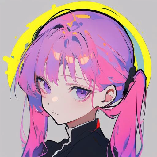 (masterpiece:1.0), (best quality:1.0), 1 girl, beautiful face, pink hair, pigtails, nun, nun clothes, colorful stains on clothes, paint, blue, green, yellow, purple, red, white, y3ll0wblu3, glowing, portrait,