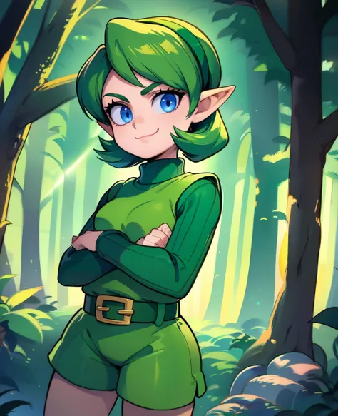 zPDXL,1girl, 
saria, green hair, hairband, blue eyes, green attire, long sleeves, sweater, turtleneck, tunic, belt, green boots, short green shorts, looking at viewer,serious, smiling, standing, arms crossed, medium shot, forest, sunlight,
 <lora:saria v1:...