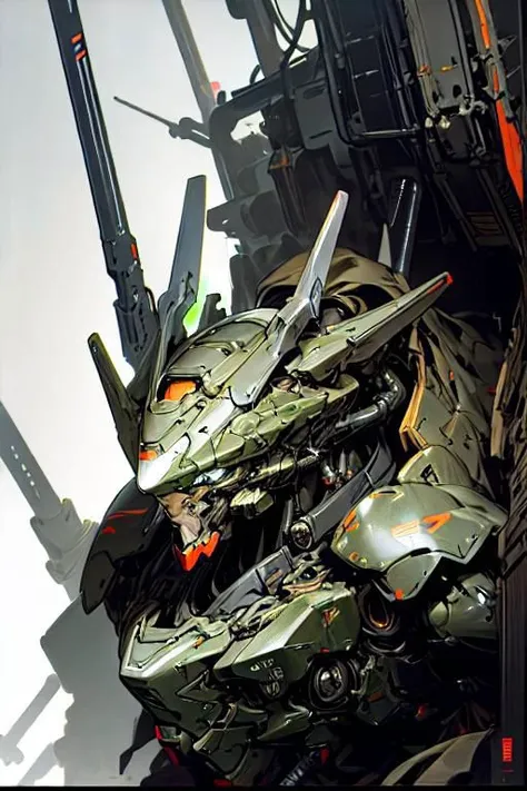 heavy armor mecha, full helm, art by yoji shinkawa, art by makoto kobayashi, complex surreal background,