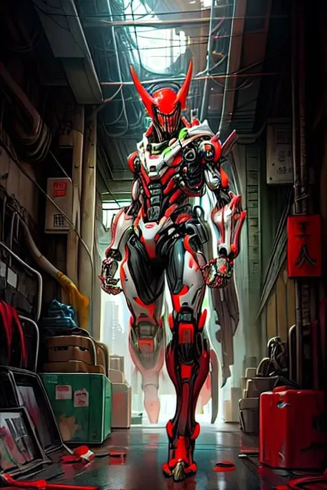 a close up of a robot walking in a warehouse with a red and black suit