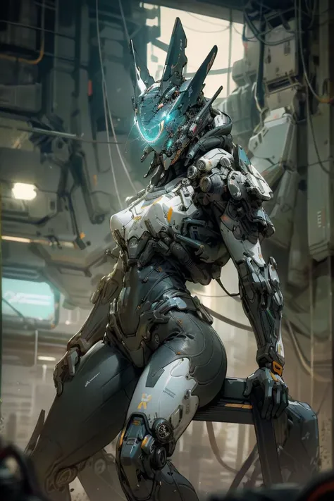 (masterpiece, best quality, ultra detailed, hyper realistic, photo), delicate pattern, detailed background, fisheye lens, scifi, future, 
1girl, in front of mecha, super fine concept art, hard surface, a heavy mech,
from below, cowboy shot, focus helmet,
b...