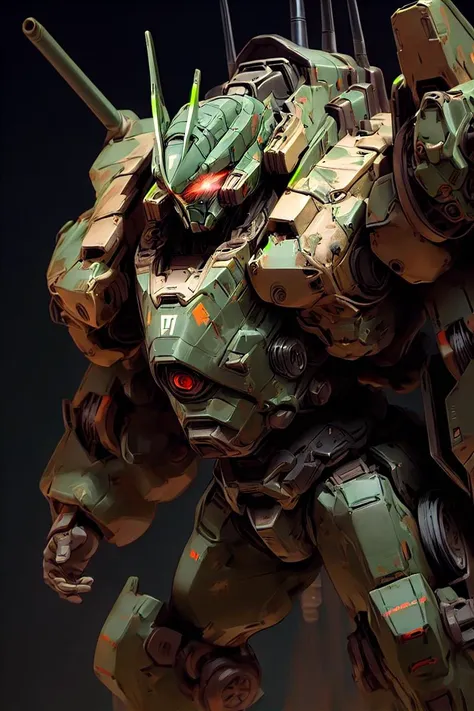 ((masterpiece)), heavy mech with massive and strong design, red glowing eye, highly detailed, heroic parts, military parts, dynamic pose, highly detailed, full armor, v-fin,  <lora:add_detail:0.5>, weathered, dark green,  <lora:animemix_v3_offset:1.0>, sim...