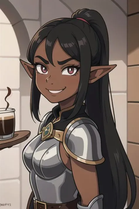 solo, 25 years old elf woman, black long ponytail, dark tan, coffee skin, white pupils, smirking, fantasy leather armor, pointy ears, elf ears, face detail, high quality,