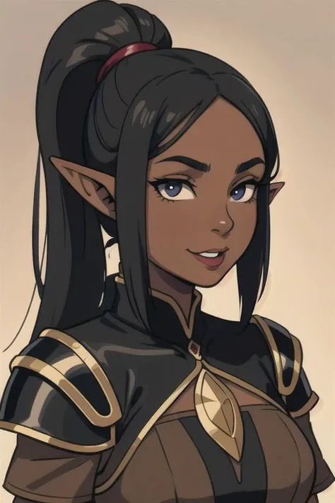 solo, 25 years old elf woman, black hair, long ponytail, dark skin, mature face, happy, fantasy leather armor, pointy ears, elf ears, face detail, high quality,