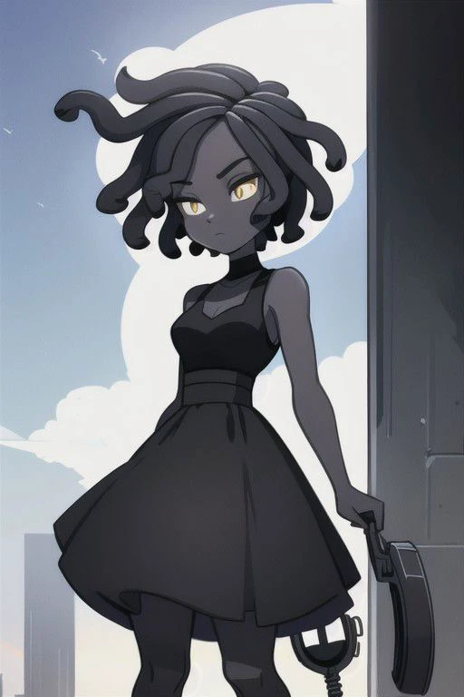 a cartoon girl in a black dress holding a gun