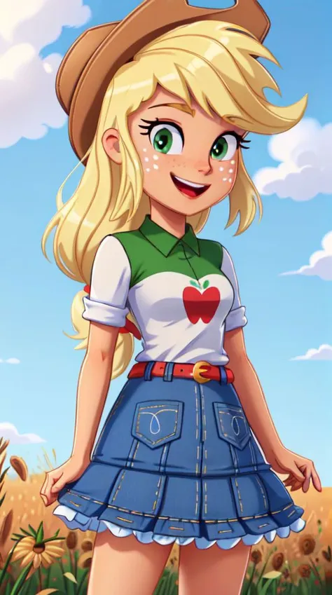 a cartoon girl in a hat and dress standing in a field