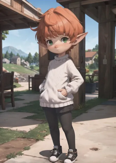 <lora:Mofu_v2-000002:0.8> masterpiece, best illustration, 1girl, solo, Mofufu, Lalafell, brown nose, green eyes, orange hair, freckles, child, short hair, toddler BREAK
Leather leggings, oversized sweater, and sneakers.