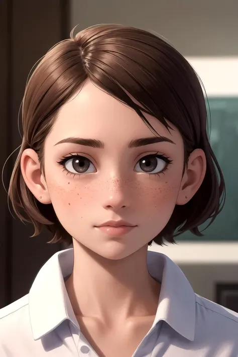 professional, masterpiece, 8k, hyperrealistic portrait of a 20yo cute girl, short hair, (looking shy:1.3), freckles, detailed face, detailed skin, photography, hq, photorealistic,