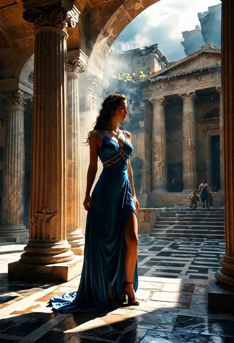 a woman in a blue dress standing in a building with columns