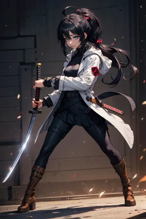 a woman in a white coat holding a sword and a sword