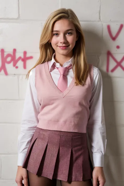 gorgeous DV_Ella_Vicious, cute smile, perfect straight blonde hair, school uniform, necktie, pink vest, sweater vest, collared shirt, long sleeves, pleated skirt, pantyhose, lean against the wall, backstreet, (graffiti on the wall) <lora:Pink_Purple_School...