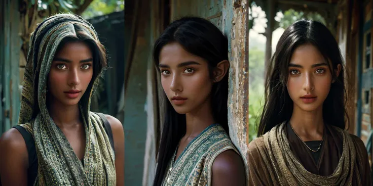 a close up of three women in different outfits standing near each other