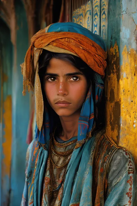 a close up of a young girl wearing a blue scarf