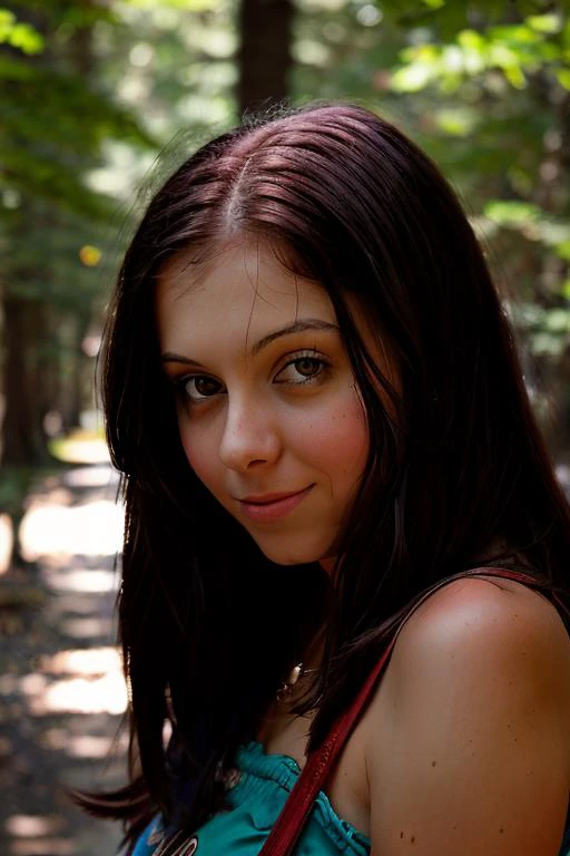 arafed woman with long dark hair and a blue dress in the woods