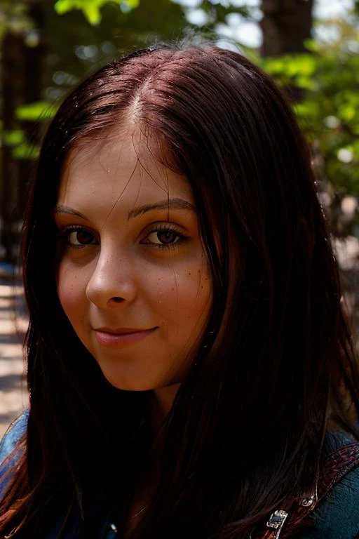 arafed woman with long dark hair and blue shirt in park