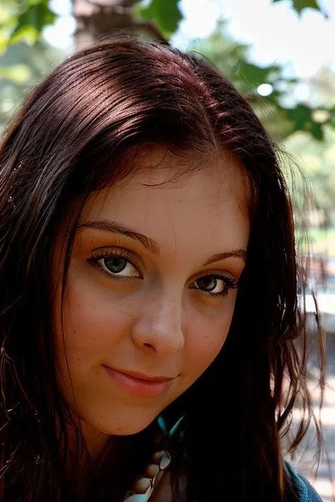 arafed woman with long brown hair and a blue shirt