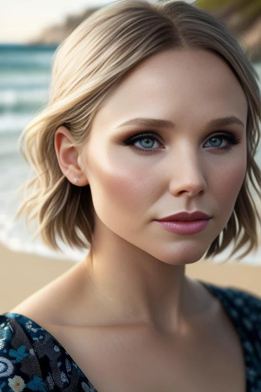 (sharp focus:1.2), photo,  kristenbell woman  (beautiful face:1.1), detailed eyes, luscious lips, (cat eye makeup:0.85),   wearing (romper:1.2) on a (beach:1.2).  (moody lighting:1.2), depth of field, bokeh, 4K, HDR. by (James C. Christensen:1.2|Jeremy Lip...