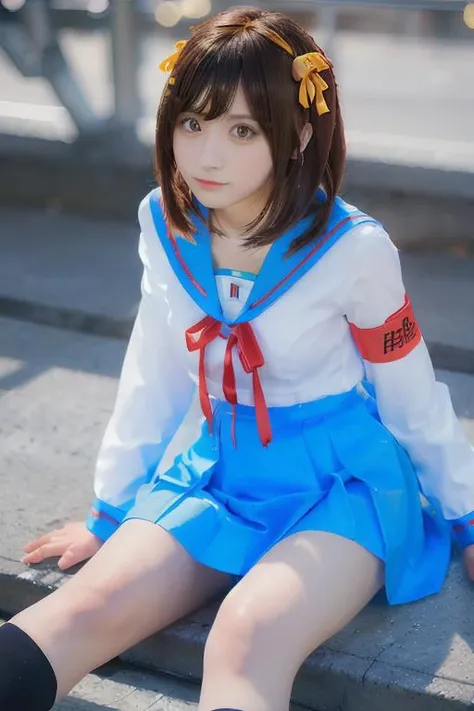 a close up of a woman sitting on a step with a blue skirt