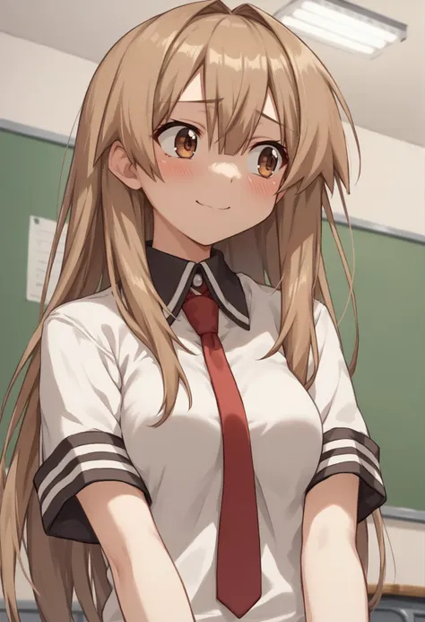 anime girl in school uniform standing in front of a chalkboard