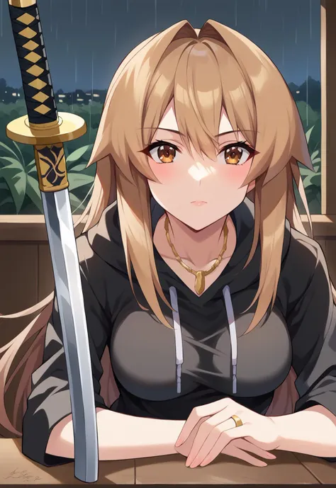 anime girl with a sword sitting at a table in front of a window