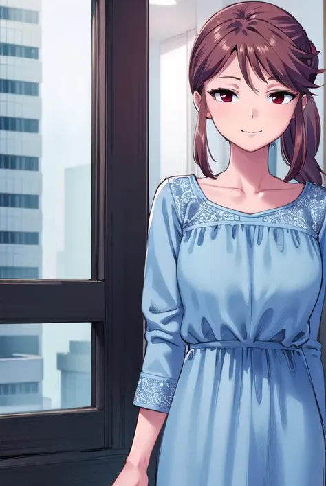 anime girl in blue dress standing in front of window with city view