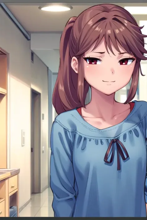 anime girl with ponytail hair and blue shirt in a hospital hallway