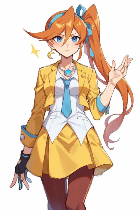 score_9, score_8_up, score_7_up, score_6_up, score_5_up, score_4_up, BREAK source_anime,
athena cykes, side ponytail, hair ribbon,yellow jacket, blue necktie, single glove, yellow skirt, pantyhose, jewelry, necklace, crescent earrings
 <lora:aa_athenacykes...