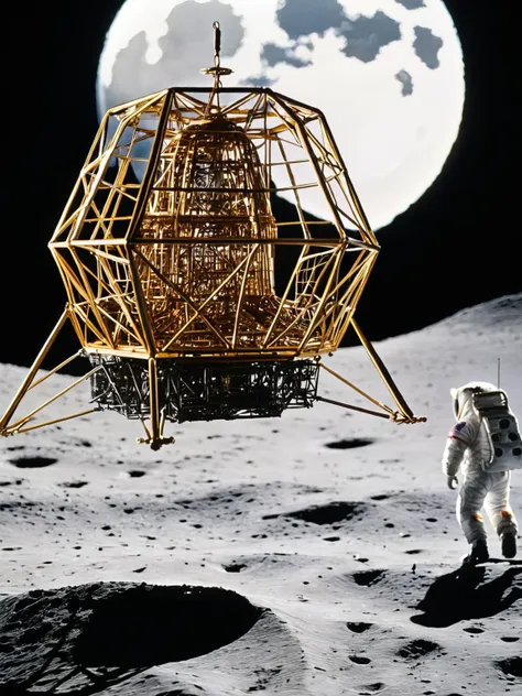 an astronaut standing on the moon next to a model of a space station