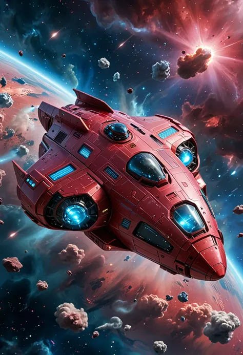 (medium full shot) of (imposing minuscule metallic-red spaceship) with crystalline hull, antimatter propulsion, sleek aerodynami...