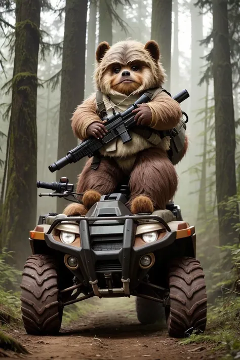 A full body photo of an Ewok on Endor, its carrying an Uzi and riding an ATV, 
It looks cute and adorable yet fierce at the same time, The Ewok equivalent of Rambo, funny, 
highest quality, exceptional accuracy and realism,