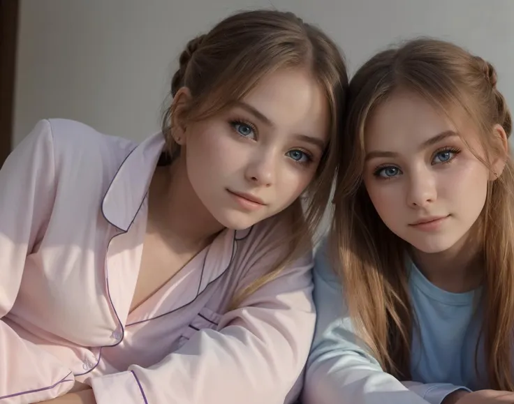 two young women in pajamas sitting on a bed with their arms around each other