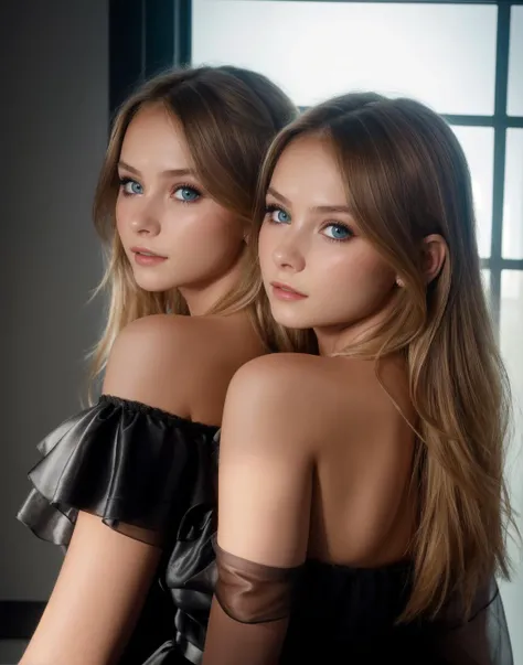 two women in black dresses posing for a picture in front of a window