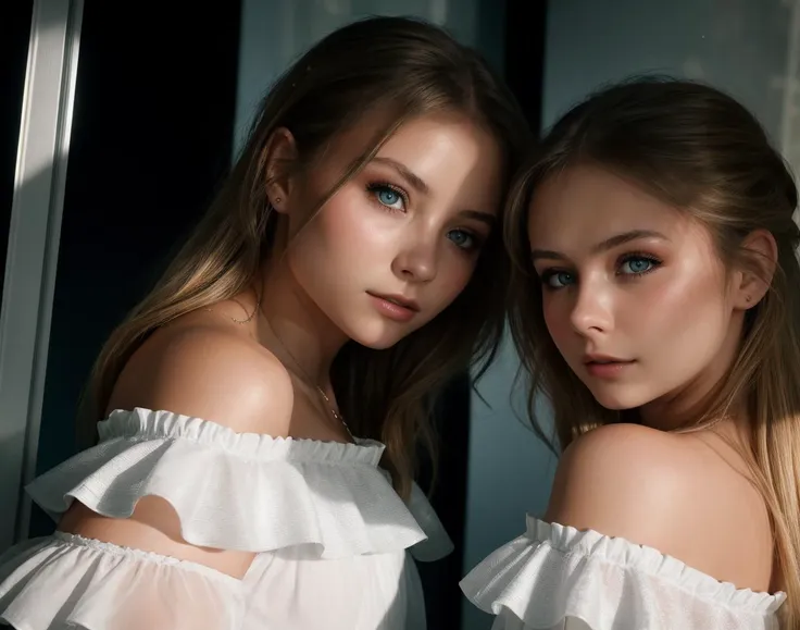 two young women in white dresses are posing for a picture