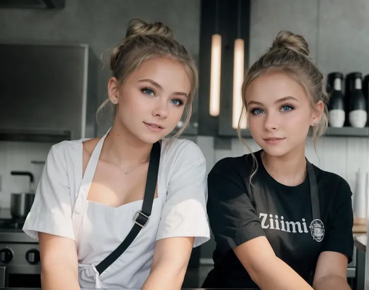 two women in aprons sitting at a table in a kitchen