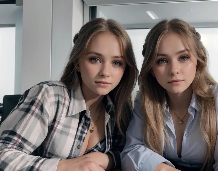 <lora:izaandelle:1> 2girls, izaandelle twins, best quality, masterpiece, highly detailed, ultra-detailed, 1girl, in an office, short plaid skirt, button down shirt, sitting at desk, perfect eyes, highly detailed beautiful expressive eyes, detailed eyes, gl...