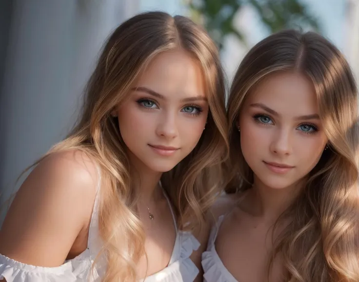 two beautiful young women posing for a picture in white dresses