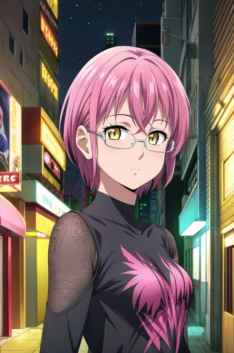 (masterpiece,best quality,highres:1.1),neon-lit alley,digital billboards,holographic ads,bustling street life,reflective puddles,night,gowther_nanatsu_no_taizai,yellow eyes,pink hair,glasses,1girl,medium breasts,solo,charming pose,adjusting eyewear,(close-...