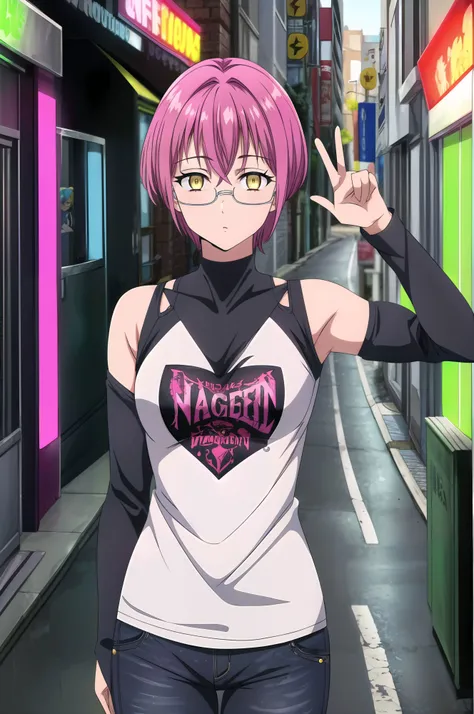 (masterpiece,best quality,highres:1.1),neon-lit alley,digital billboards,holographic ads,bustling street life,reflective puddles,night,gowther_nanatsu_no_taizai,yellow eyes,pink hair,glasses,1girl,medium breasts,solo,charming pose,adjusting eyewear,(close-...