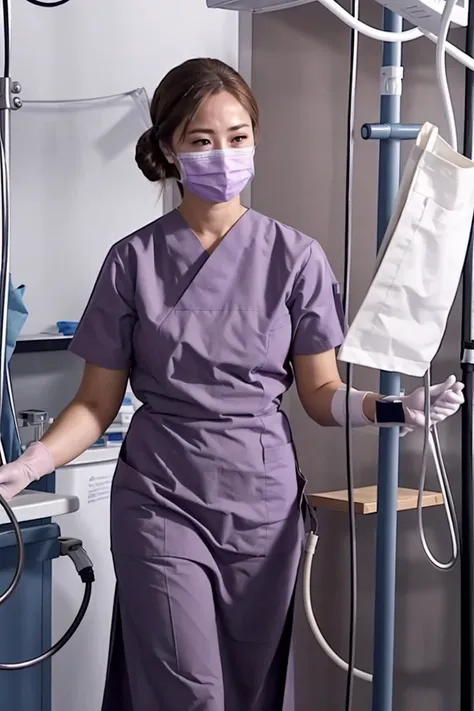 arafed nurse in scrubs and mask standing next to a drip line