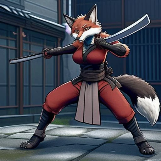 female, anthro, standing,  duel wielding katanas,
 <lora:RPGWerefox:0.8> werefox