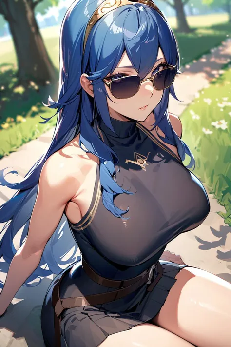 a woman with blue hair and sunglasses sitting on a bench