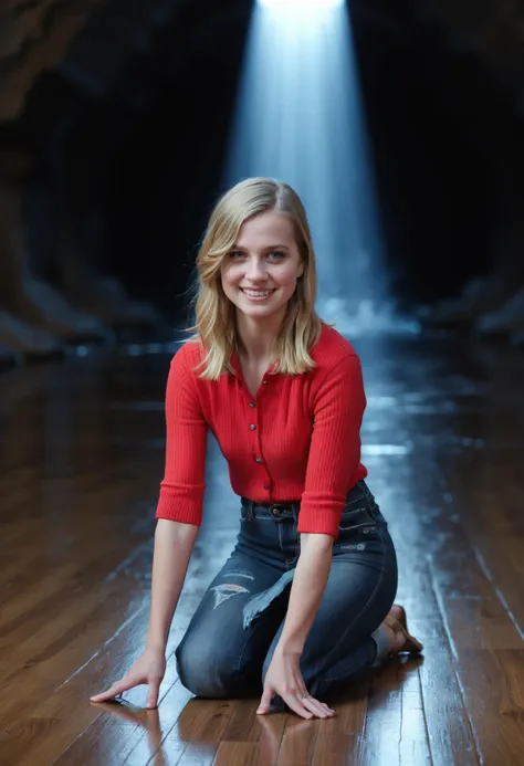 a woman sitting on the floor in a dark room with a light coming from behind her