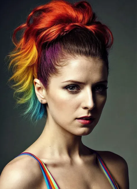 portrait of sks woman by Flora Borsi, style by Flora Borsi, bold, bright colours, rainbow Mohawk haircut, ((Flora Borsi)), <lora:locon_annakendrick_v1_from_v1_64_32:1>