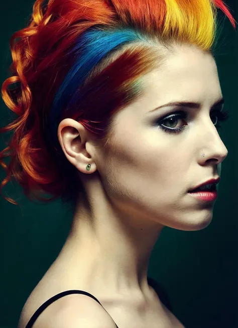 portrait of sks woman by Flora Borsi, style by Flora Borsi, bold, bright colours, rainbow Mohawk haircut, ((Flora Borsi)), <lora:locon_annakendrick_v1_from_v1_64_32:1>