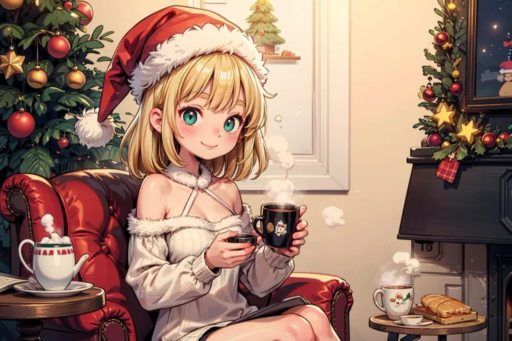 best quality, aesthetic, detailed,1girl, highres, masterpiece, perfect ligthing, bloom, cinematic lighting,somber, adult, mature,light smile,small breasts, perfect skin,blonde hair, holding cup, steam from cup, santa hat, christmas tree, sitting,( fireplac...