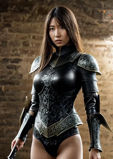 a captivating masterpiece of an female fantasy warrior, leather armor, fighting pose, (((half body))), dramatic, sunlight, backg...