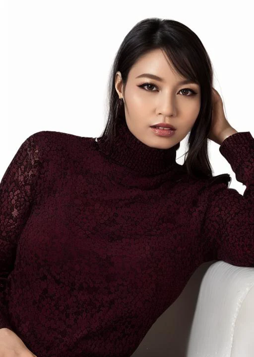 hdr photo of half body of a captivating masterpiece of an woman, (((dressed in a turtleneck blouse))), the intricate lace and go...