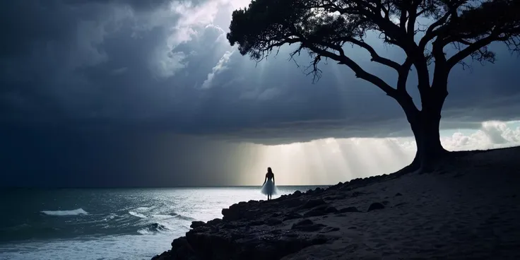 arafed image of a person standing on a beach under a tree