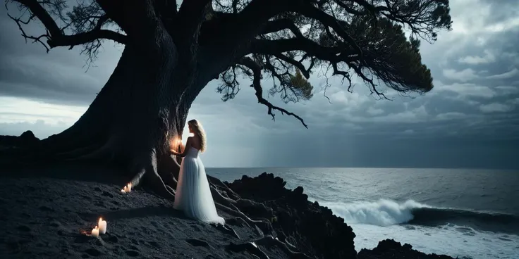 a woman in a white dress standing next to a tree