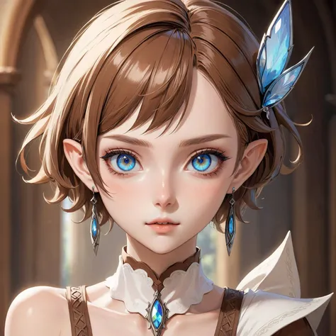 ethereal fantasy concept art of  anime artwork beautiful woman,cowboy shot,pixie cut,Warm Brown lipstick,iridescent trim,Blue eyes,eyeshadow,makeup,earrings,hairclip,elf,pointy ears, . anime style . magnificent